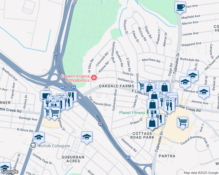 map of restaurants, bars, coffee shops, grocery stores, and more near 327 East Little Creek Road in Norfolk