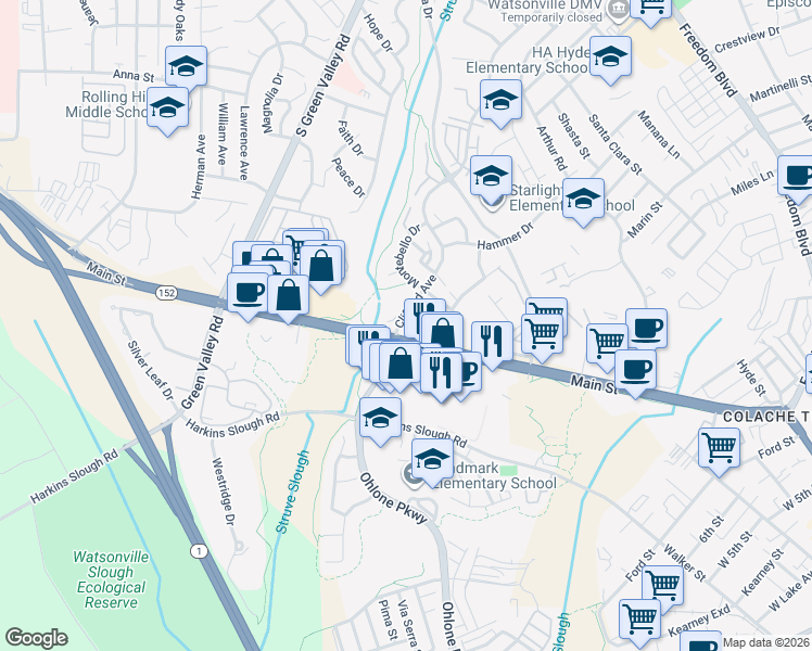 map of restaurants, bars, coffee shops, grocery stores, and more near 121 Terry Loop in Watsonville