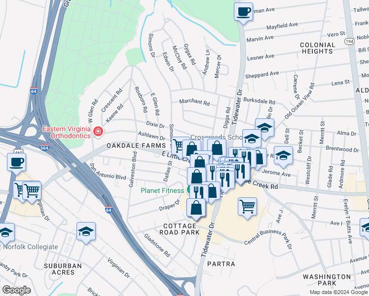 map of restaurants, bars, coffee shops, grocery stores, and more near 519 Ashlawn Drive in Norfolk