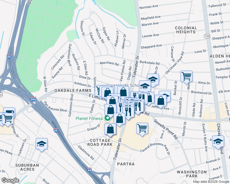 map of restaurants, bars, coffee shops, grocery stores, and more near 560 Ashlawn Drive in Norfolk