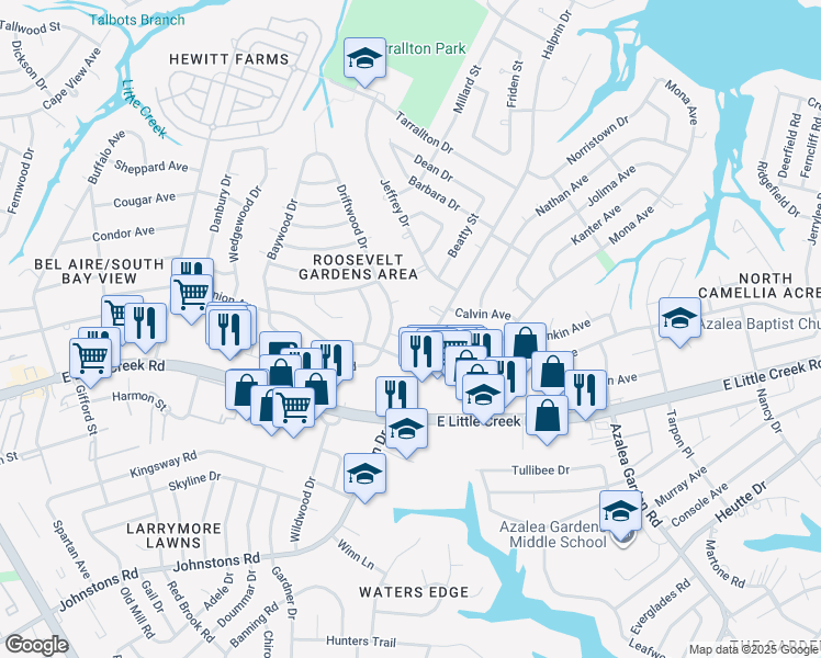 map of restaurants, bars, coffee shops, grocery stores, and more near 8017 Elaine Court in Norfolk