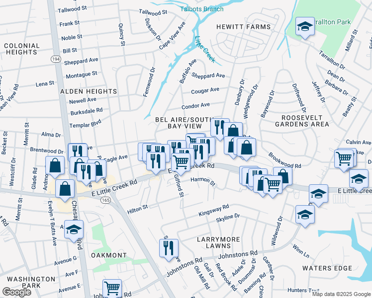 map of restaurants, bars, coffee shops, grocery stores, and more near 7929 Bison Avenue in Norfolk
