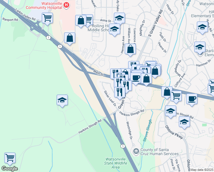 map of restaurants, bars, coffee shops, grocery stores, and more near 216 Green Meadow Drive in Watsonville