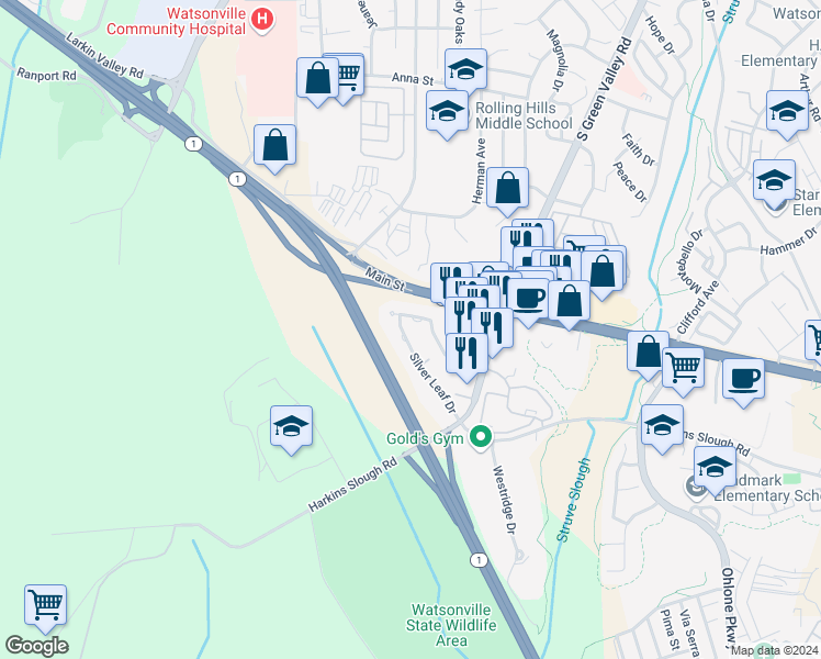map of restaurants, bars, coffee shops, grocery stores, and more near 237 Silver Leaf Drive in Watsonville
