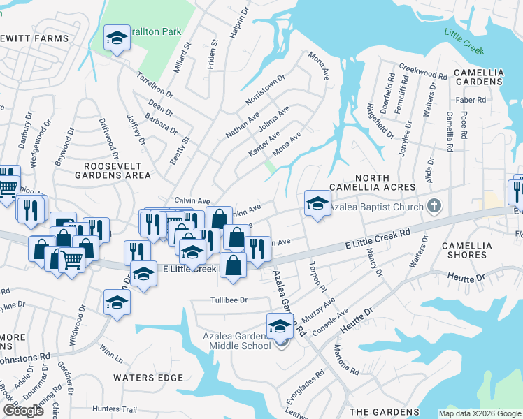 map of restaurants, bars, coffee shops, grocery stores, and more near 2504 Dominion Avenue in Norfolk