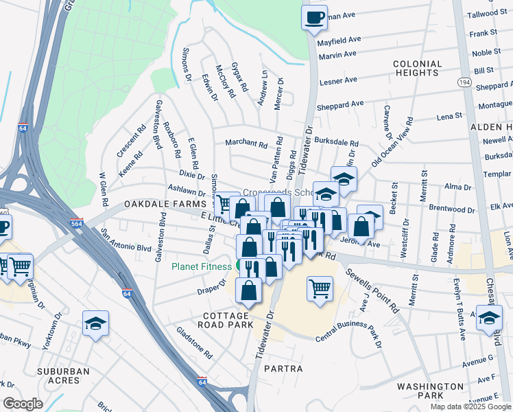 map of restaurants, bars, coffee shops, grocery stores, and more near 560 Ashlawn Drive in Norfolk