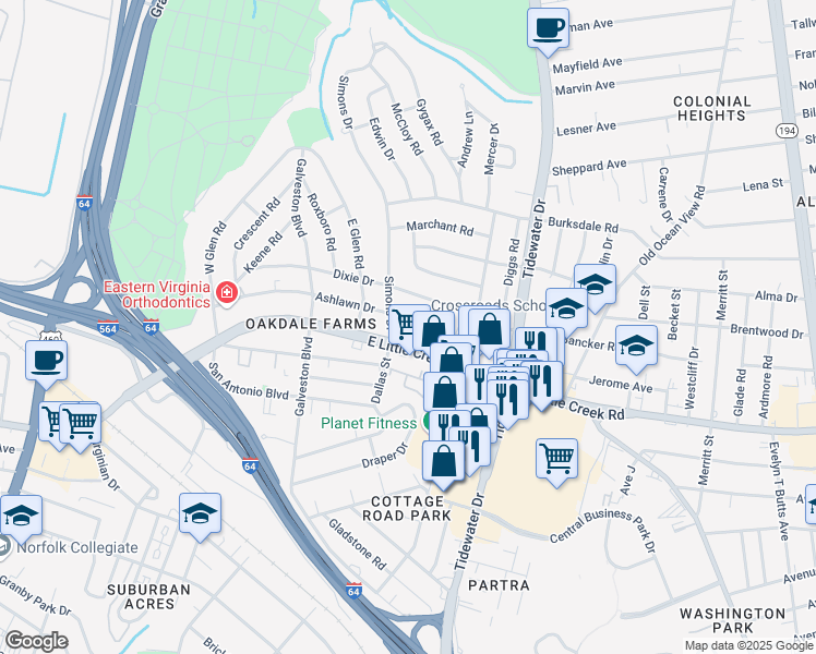 map of restaurants, bars, coffee shops, grocery stores, and more near 7910 Simons Drive in Norfolk