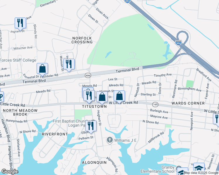 map of restaurants, bars, coffee shops, grocery stores, and more near 7755 Tucker Avenue in Norfolk