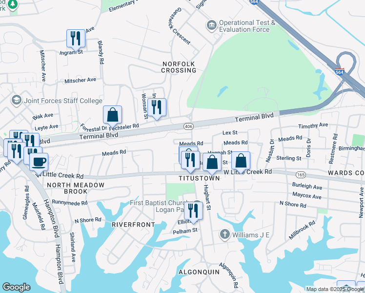map of restaurants, bars, coffee shops, grocery stores, and more near 1109 Meads Road in Norfolk