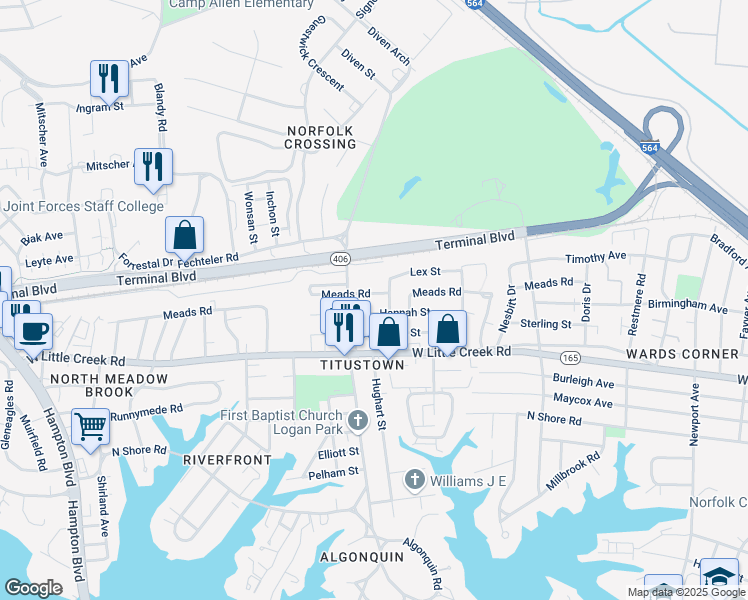 map of restaurants, bars, coffee shops, grocery stores, and more near 1019 Meads Road in Norfolk