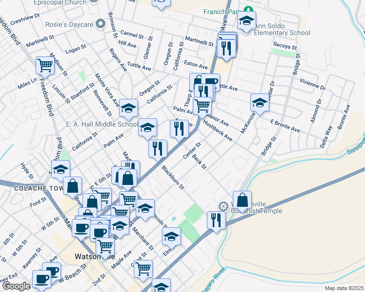 map of restaurants, bars, coffee shops, grocery stores, and more near 452 East Lake Avenue in Watsonville