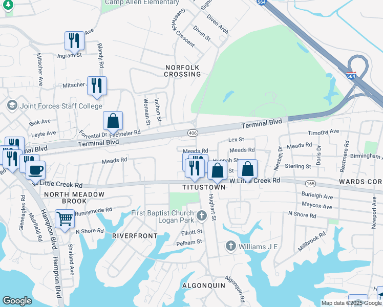 map of restaurants, bars, coffee shops, grocery stores, and more near 1109 Meads Road in Norfolk