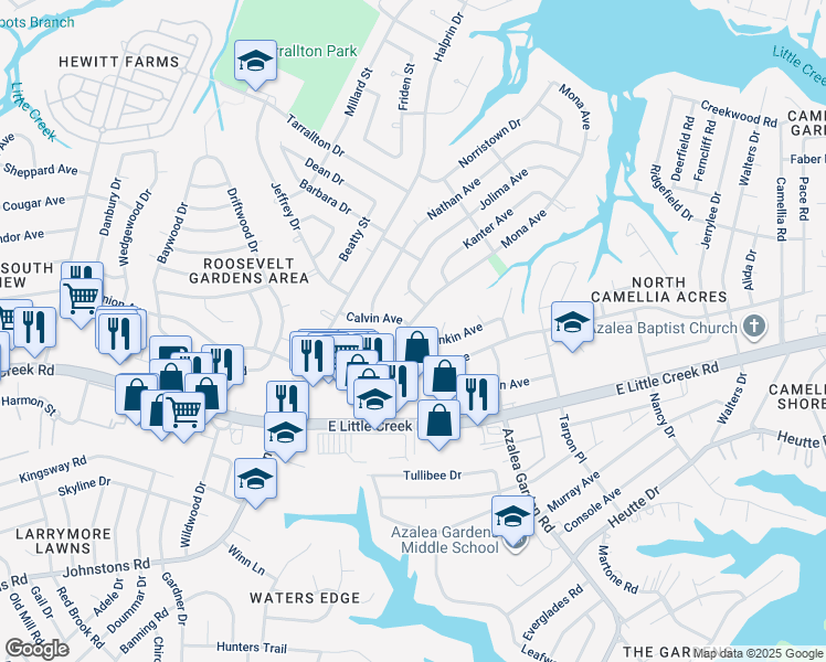 map of restaurants, bars, coffee shops, grocery stores, and more near 8020 Mona Avenue in Norfolk