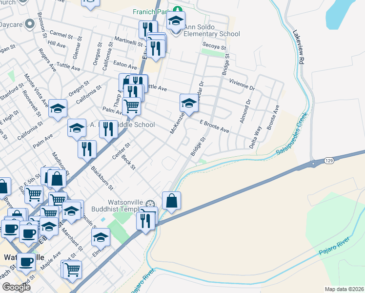map of restaurants, bars, coffee shops, grocery stores, and more near 607 Bronte Ave in Watsonville