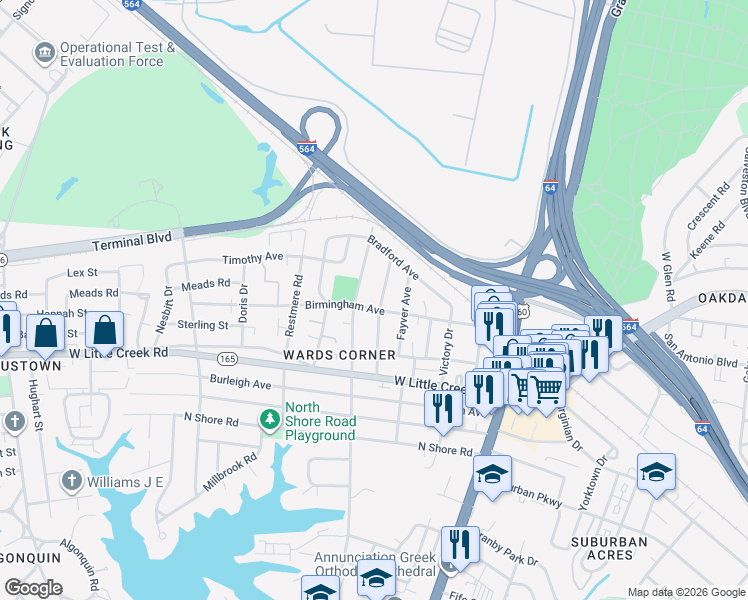 map of restaurants, bars, coffee shops, grocery stores, and more near 7703 Gloucester Avenue in Norfolk