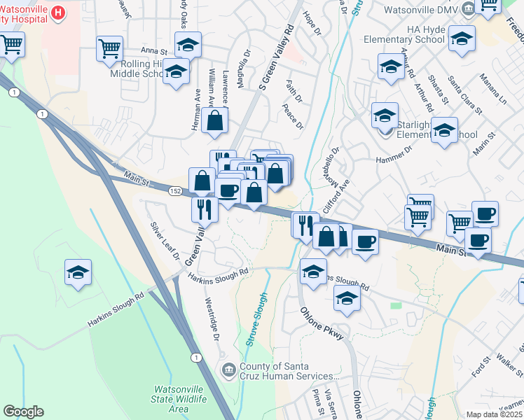 map of restaurants, bars, coffee shops, grocery stores, and more near 1983 Main Street in Watsonville