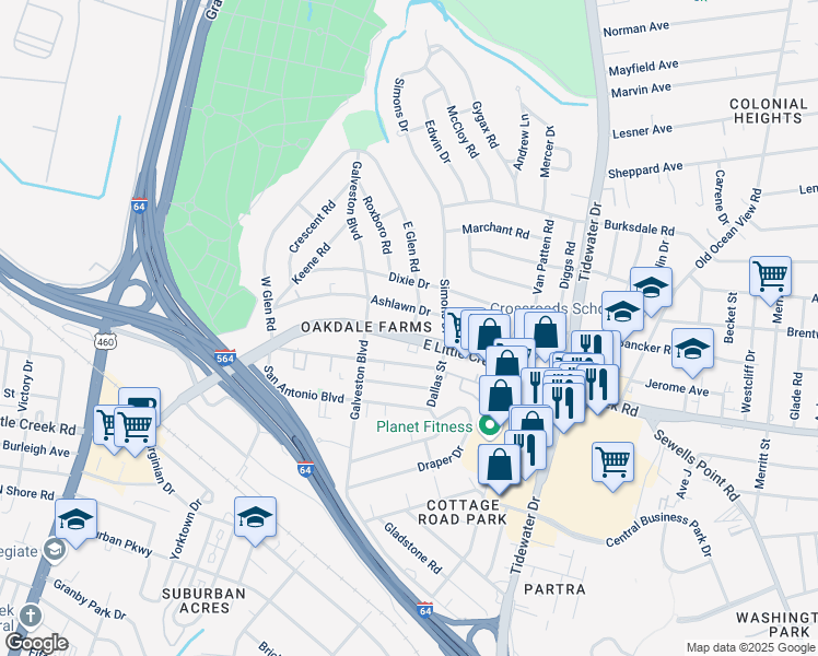 map of restaurants, bars, coffee shops, grocery stores, and more near 414 East Little Creek Road in Norfolk