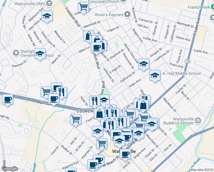 map of restaurants, bars, coffee shops, grocery stores, and more near 314 Sudden Street in Watsonville