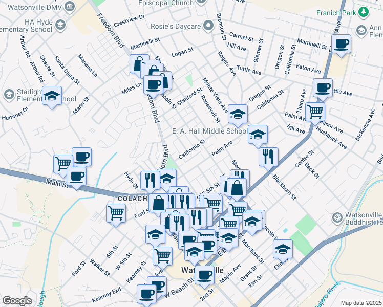 map of restaurants, bars, coffee shops, grocery stores, and more near 204 California Street in Watsonville