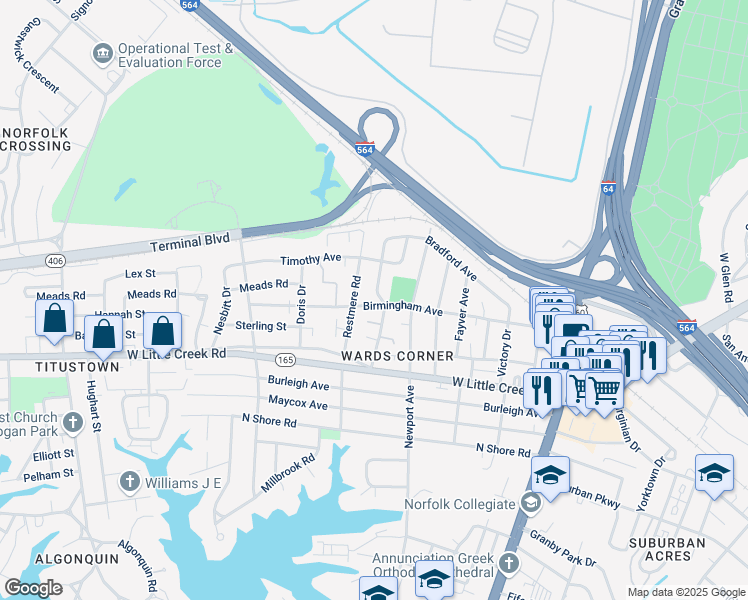 map of restaurants, bars, coffee shops, grocery stores, and more near 416 Birmingham Avenue in Norfolk