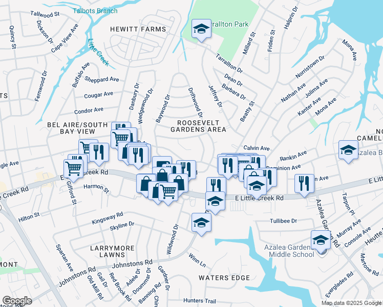 map of restaurants, bars, coffee shops, grocery stores, and more near 8005 Arrowwood Court in Norfolk