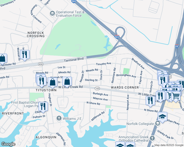 map of restaurants, bars, coffee shops, grocery stores, and more near 534 Birmingham Avenue in Norfolk