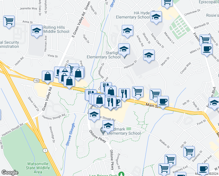 map of restaurants, bars, coffee shops, grocery stores, and more near 173 Terry Loop in Watsonville
