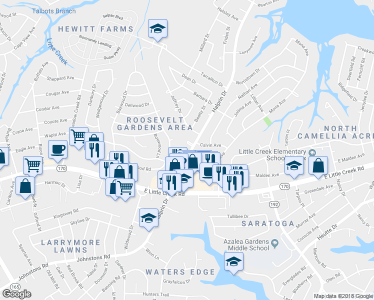 map of restaurants, bars, coffee shops, grocery stores, and more near 8017 Elaine Court in Norfolk