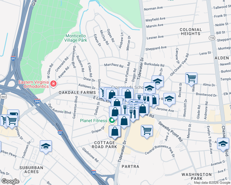 map of restaurants, bars, coffee shops, grocery stores, and more near 532 Ashlawn Drive in Norfolk