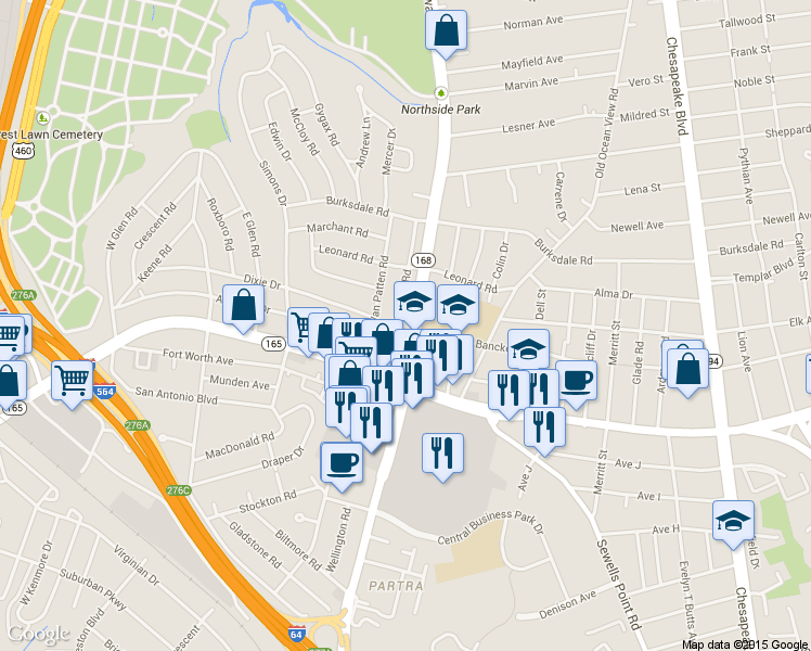 map of restaurants, bars, coffee shops, grocery stores, and more near 8000 Diggs Road in Norfolk