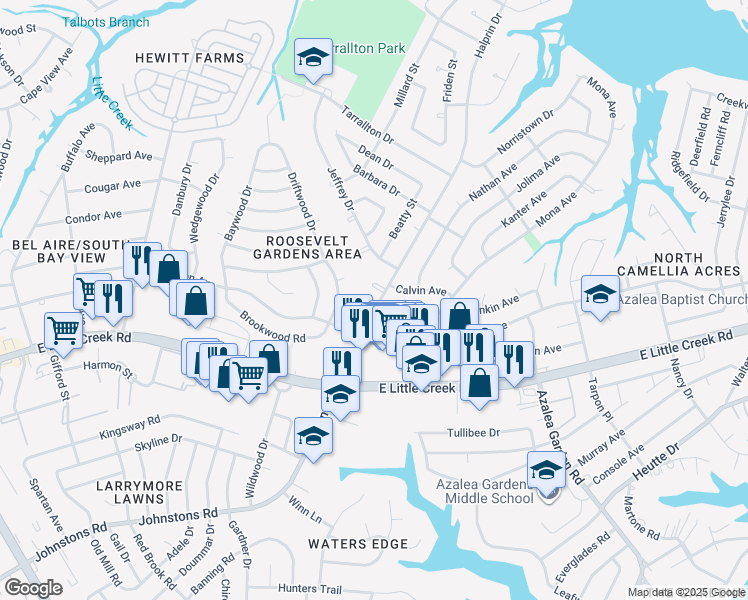 map of restaurants, bars, coffee shops, grocery stores, and more near 8017 Elaine Court in Norfolk