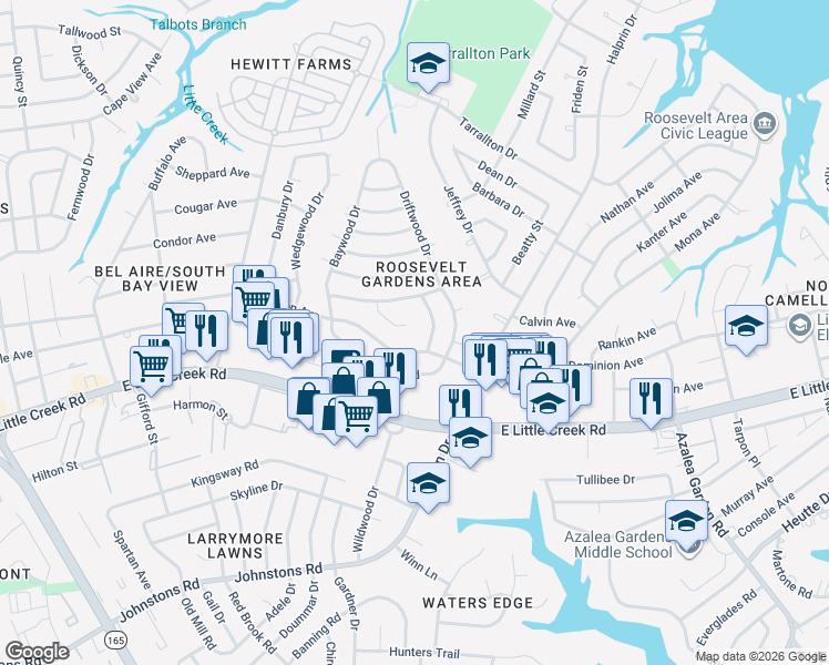 map of restaurants, bars, coffee shops, grocery stores, and more near 8005 Arrowwood Court in Norfolk