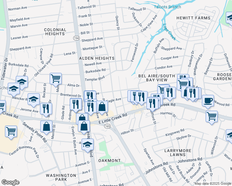 map of restaurants, bars, coffee shops, grocery stores, and more near 1317 Elk Avenue in Norfolk