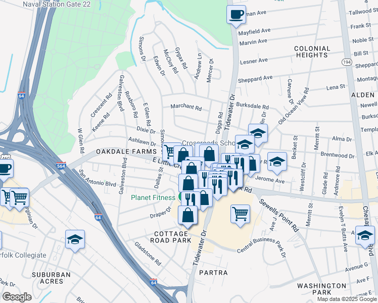 map of restaurants, bars, coffee shops, grocery stores, and more near 532 Ashlawn Drive in Norfolk