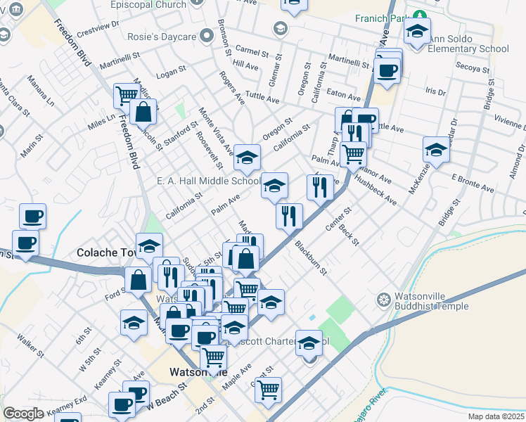 map of restaurants, bars, coffee shops, grocery stores, and more near 201 Brewington Avenue in Watsonville