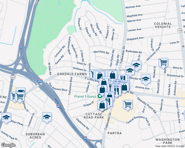 map of restaurants, bars, coffee shops, grocery stores, and more near 507 Ashlawn Drive in Norfolk