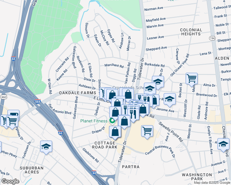 map of restaurants, bars, coffee shops, grocery stores, and more near 540 Ashlawn Drive in Norfolk