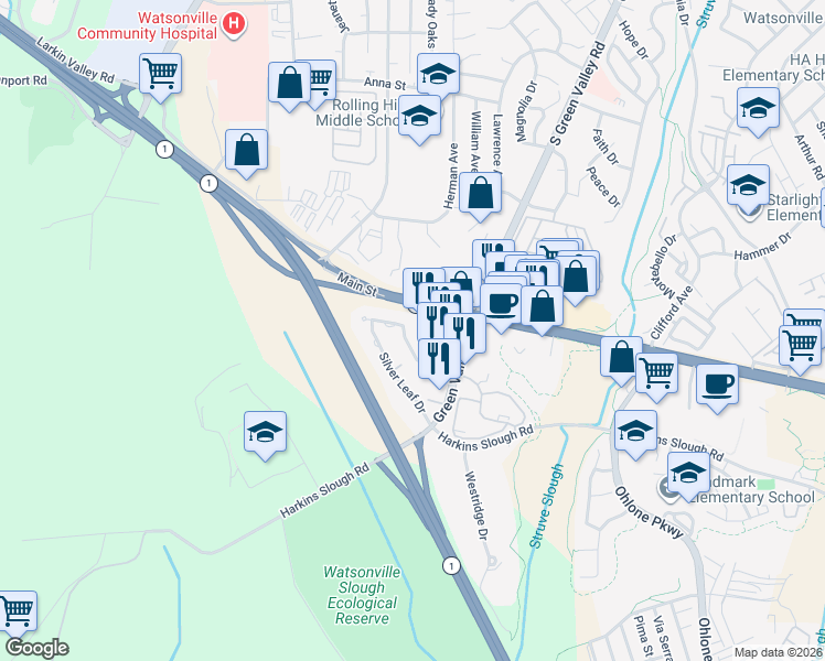 map of restaurants, bars, coffee shops, grocery stores, and more near 216 Green Meadow Drive in Watsonville