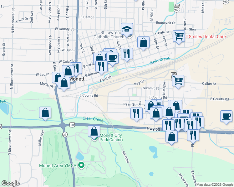 map of restaurants, bars, coffee shops, grocery stores, and more near 100-198 County Rd in Monett