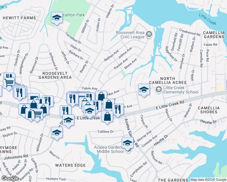 map of restaurants, bars, coffee shops, grocery stores, and more near 2448 Rankin Avenue in Norfolk