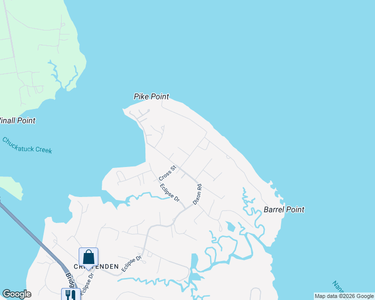 map of restaurants, bars, coffee shops, grocery stores, and more near 9327 Rivershore Drive in Suffolk