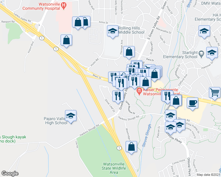 map of restaurants, bars, coffee shops, grocery stores, and more near 216 Green Meadow Drive in Watsonville
