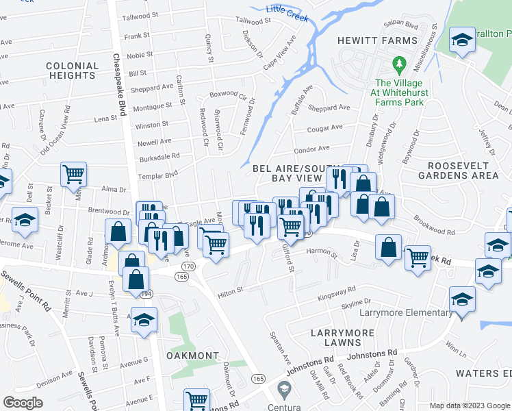 map of restaurants, bars, coffee shops, grocery stores, and more near 8001 Buffalo Avenue in Norfolk
