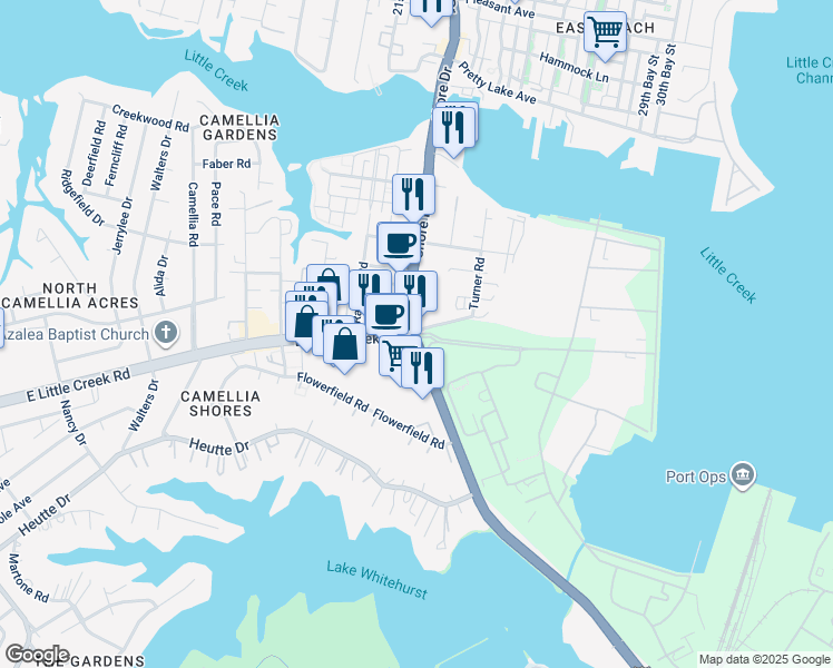 map of restaurants, bars, coffee shops, grocery stores, and more near East Little Creek Road in Norfolk