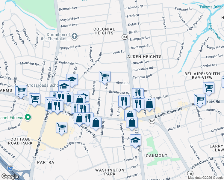 map of restaurants, bars, coffee shops, grocery stores, and more near 914 Brentwood Drive in Norfolk