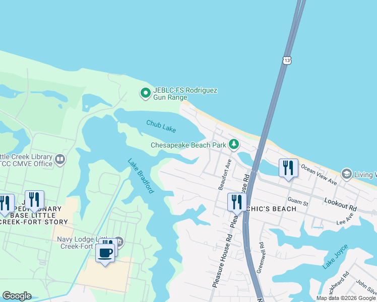 map of restaurants, bars, coffee shops, grocery stores, and more near 4953 Lookout Road in Virginia Beach