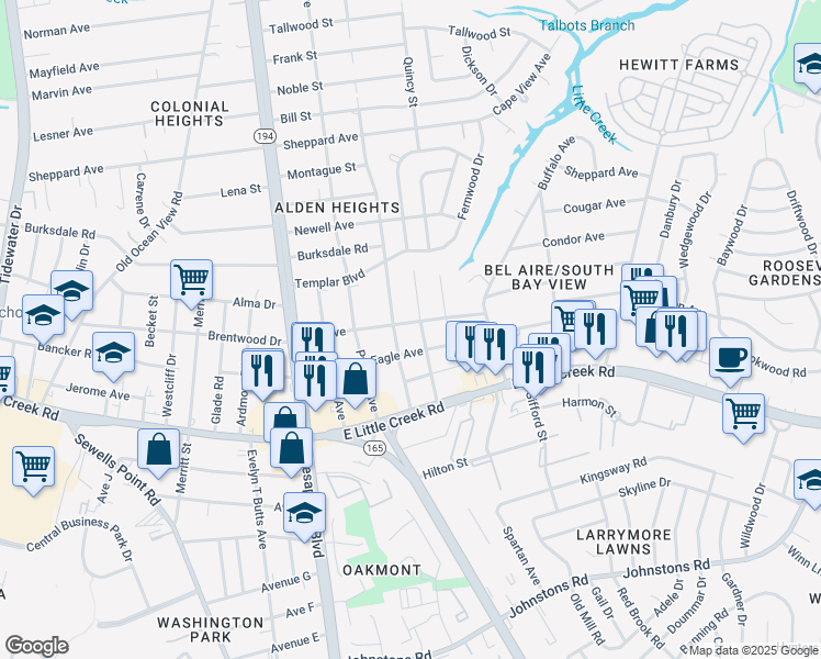 map of restaurants, bars, coffee shops, grocery stores, and more near 1317 Elk Avenue in Norfolk