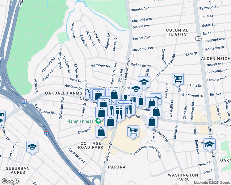 map of restaurants, bars, coffee shops, grocery stores, and more near 8000 Diggs Road in Norfolk