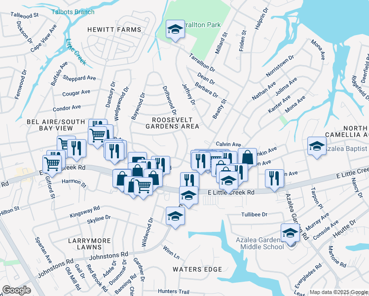 map of restaurants, bars, coffee shops, grocery stores, and more near 8021 Driftwood Drive in Norfolk