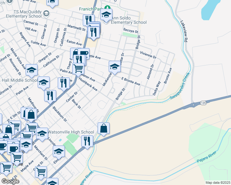 map of restaurants, bars, coffee shops, grocery stores, and more near 612 Ester Way in Watsonville